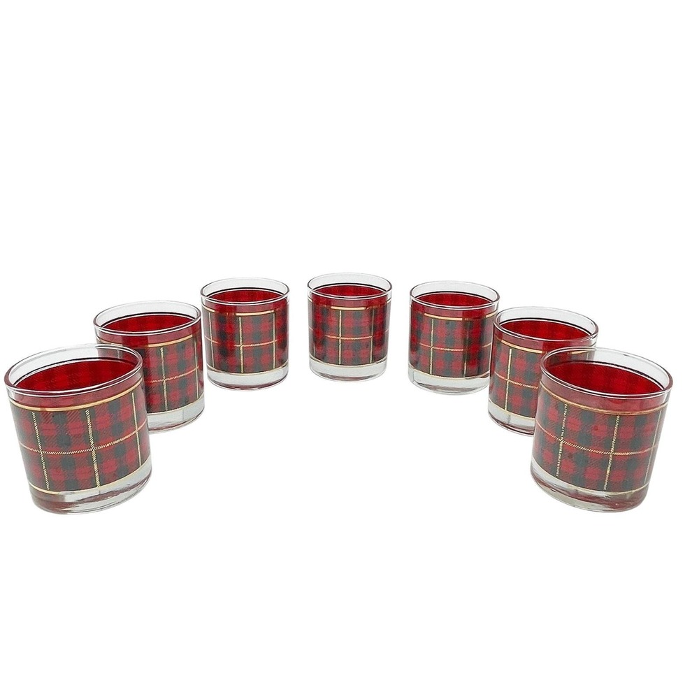 Vintage Tartan Plaid Low Ball Whiskey Glasses Set Holiday Christmas Barware GUC